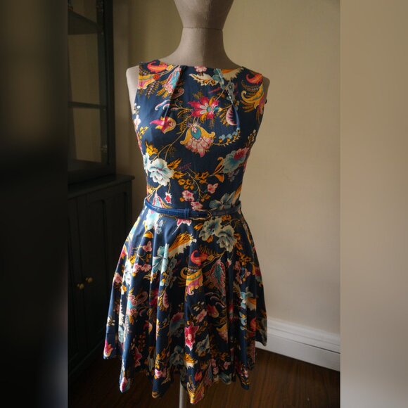 👗 ModCloth Navy Blue Floral & Paisley A-Line Dress 👗 - Picture 1 of 7